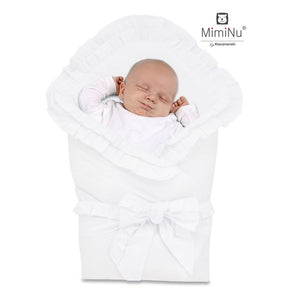 MimiNu jastuk za nošenje novorođenčeta - s mašnom + dvostruki volan - bijeli