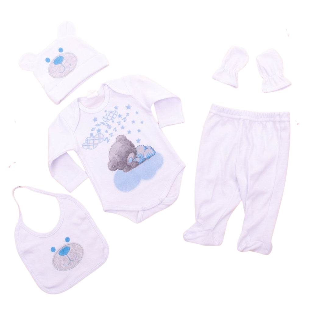 Set za bebu od 5 elemenata Teddy - bijelo/plavi, veličina 56