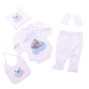 Set za bebu od 5 elemenata Teddy - bijelo/plavi, veličina 62