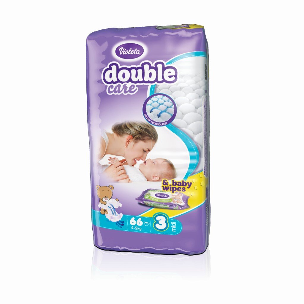 Violeta dječje pelene Double care AIR DRY MIDI-3 jumbo (4-9 kg., 66 kom) - gratis baby maramice - Violeta